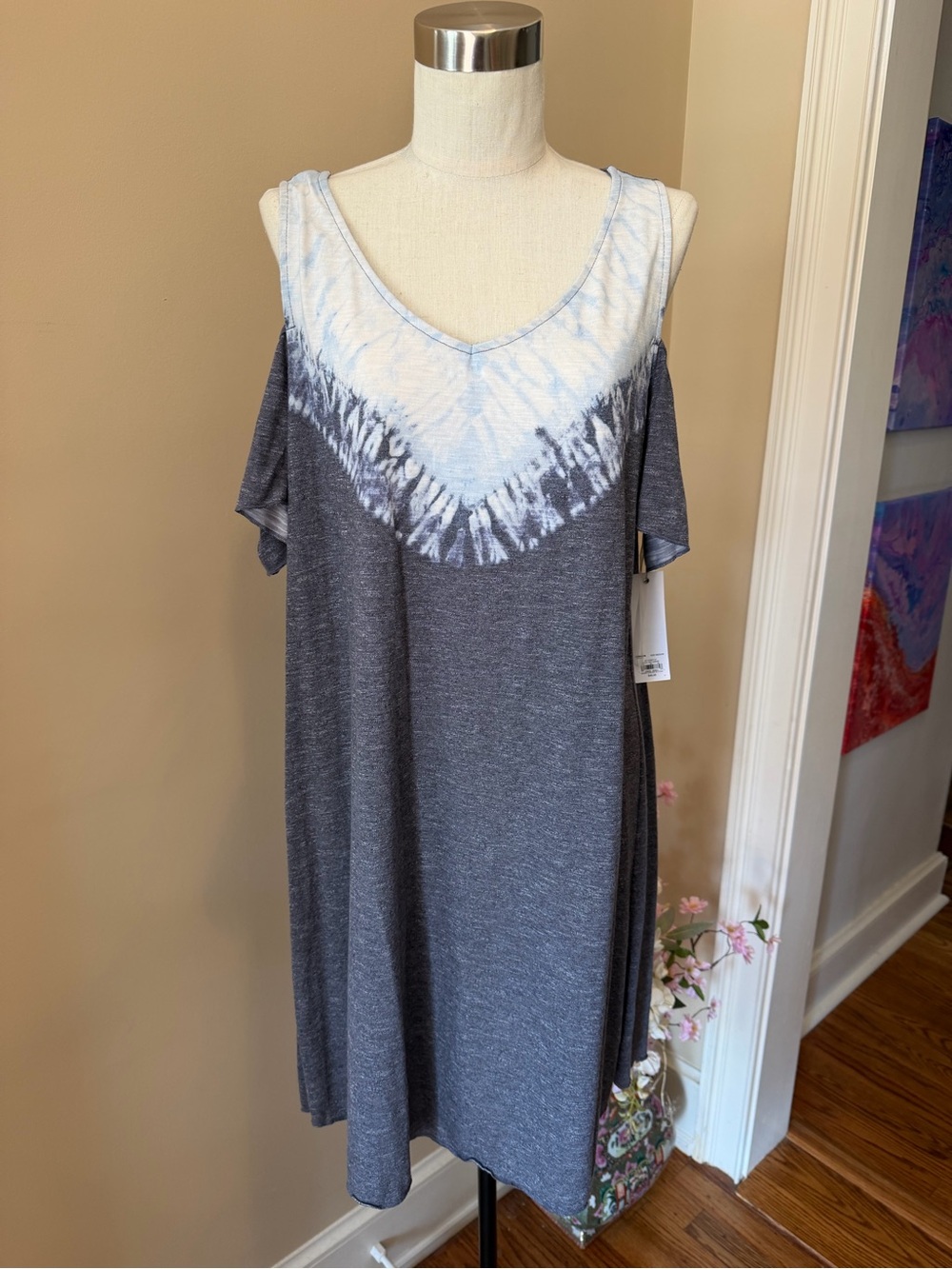 Sonoma Gray Midi Dress with Light Blue Tie-Dye Yoke